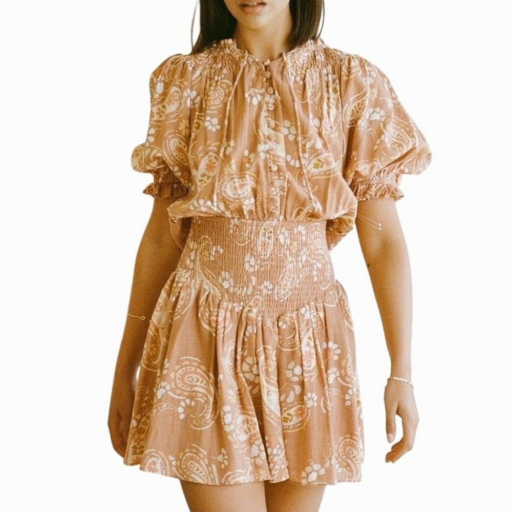 Sabo Skirt Peach Paisley Smocked Mini Dress